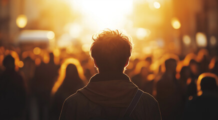 a man stands alone in the middle of a busy street, surrounded by blurred crowd