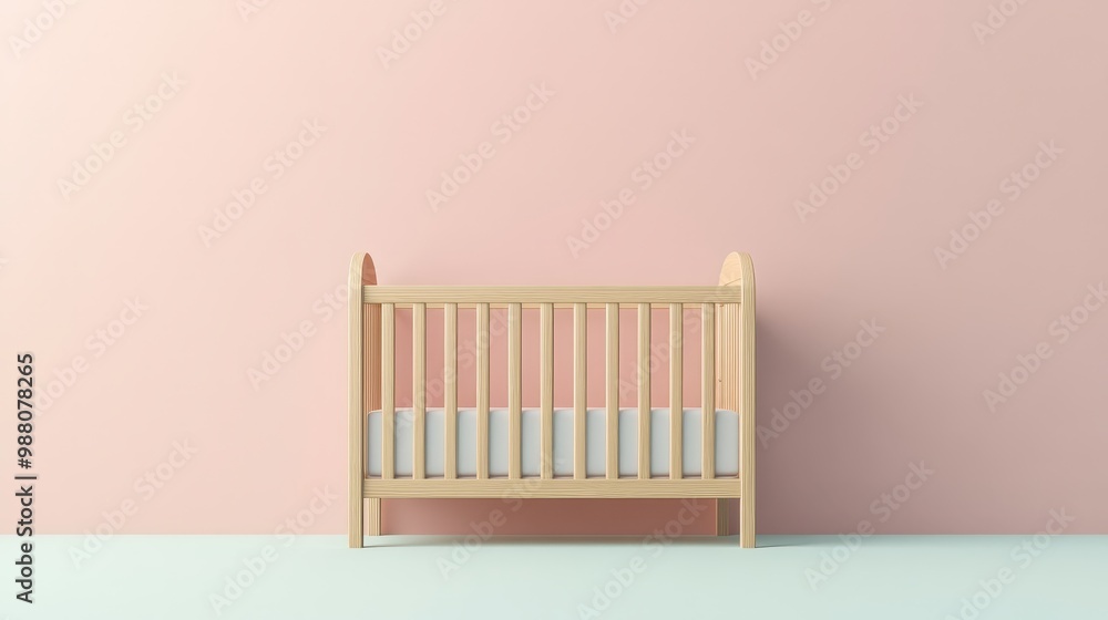 Poster minimalist 2d flat design of a crib with pastel background on transparent layer