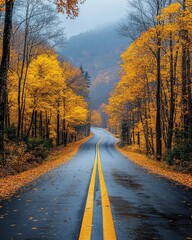 Fototapeta premium Vibrant Autumn Foliage Surrounds Winding Pathway in a Serene Natural Landscape of Fall Colors