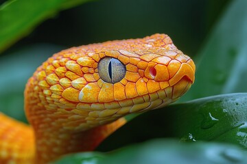 Fototapeta premium Vibrant Orange Snake Slithering Through Lush Greenery in a Tropical Jungle Setting