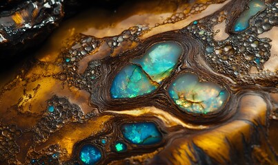 swirling boulder opal with blues and greens inside of the brown matrix, Generative AI