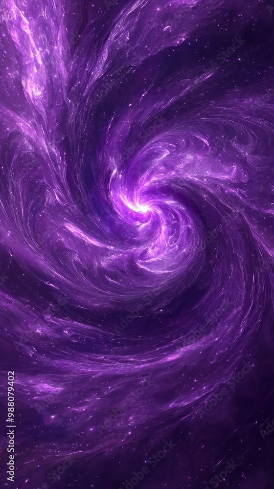 Poster dynamic burst of purple particles emanates from a central point, creating a captivating swirling wav