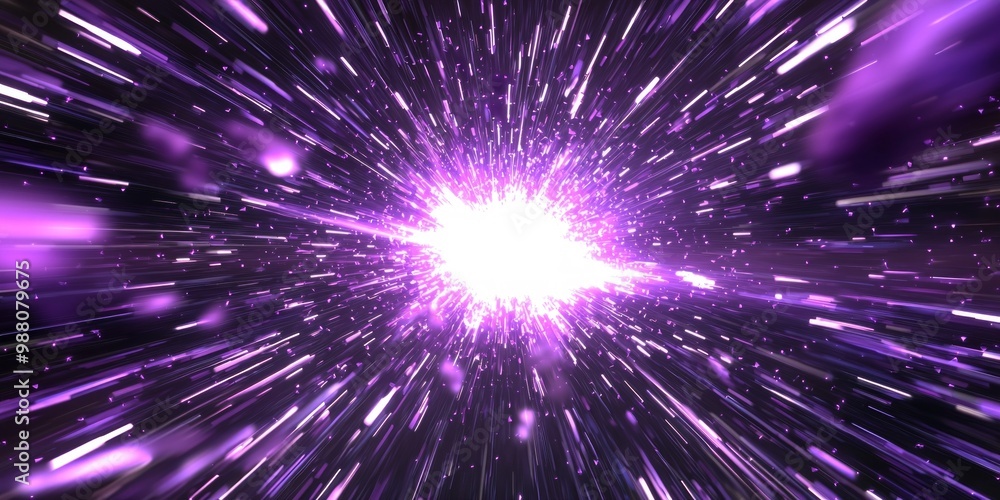 Poster stunning explosion of purple particles bursts forth from a glowing core, sending waves of vibrant li
