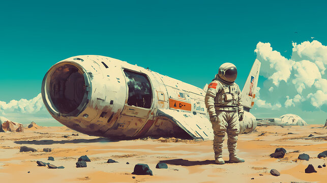 Astronaut stranded in desolate beach with an abandoned crush spaceship. Starship. Illustration