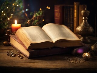 Magical image of open antique book over wooden table