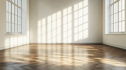 A sunlit empty room with wooden flooring and large windows casting shadows.