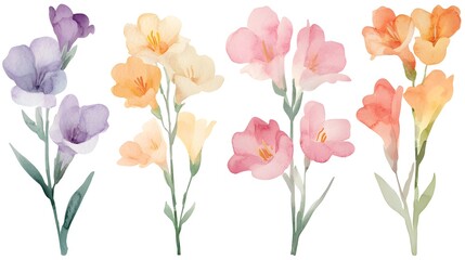Watercolor freesia clipart with fragrant blooms in various colors, Generative AI