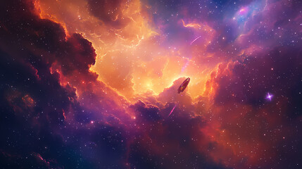 Obraz premium A starship in a nebula, with colorful gas clouds and distant stars. Starship. Illustration