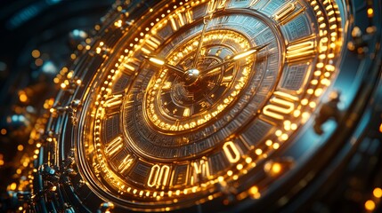 Intricate Clock Face with Glowing Golden Elements