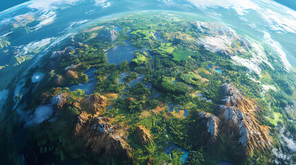 A terraformed planet now features a patchwork of biomes from earth, each zone a living museum of ecological history and conservation. Terraforming Planet. Illustration