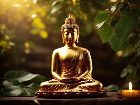 Golden Buddha image. Background of Bodhi leaves with shining light
