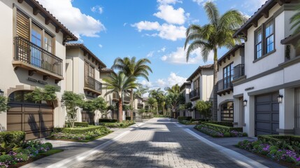 Fototapeta premium Luxury Homes with Palm Trees and Cobblestone Street