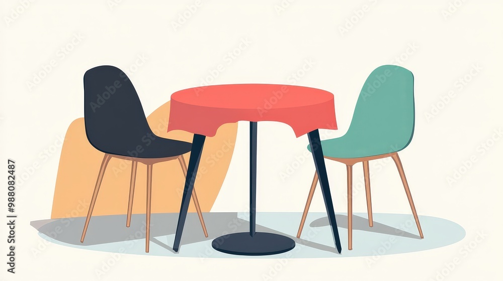 Poster minimalist round table setting with chairs in pastel tones on transparent background - abstract vect