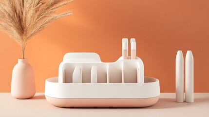 White and Peach Organizer with Dried Grass in Vase on Peach Background