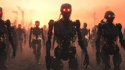 An army of evil robots in a post apocalyptic world. composite with different elements made with generative ai. Cyborg Army. Illustration