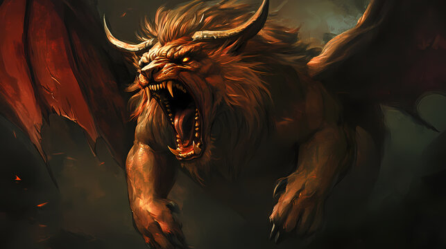 An illustration of an angry manticore. Manticore. Illustration