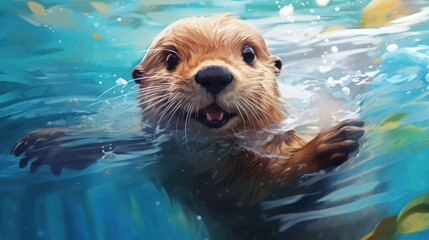Fototapeta premium Otter Swimming in a Clear Blue Water