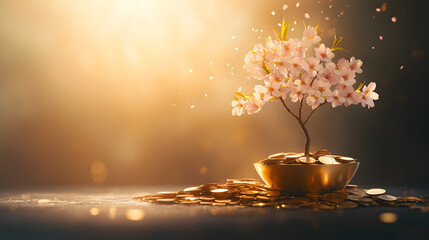 A beautiful cherry blossom tree in a golden bowl surrounded by coins, symbolizing prosperity and wealth under soft light.