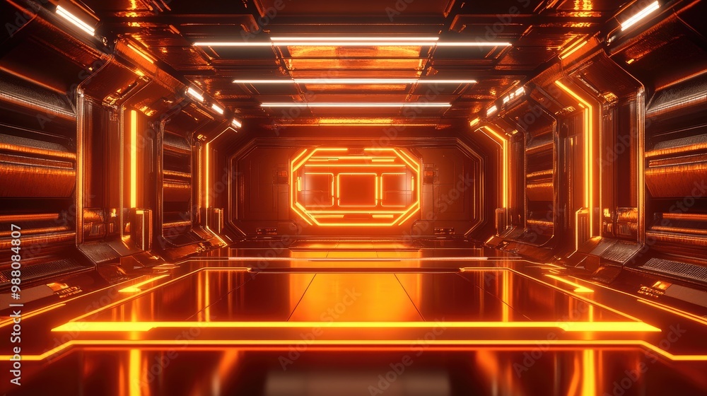 Poster 3d-rendered futuristic room bathed in orange neon lights, with abstract patterns and shapes adding d