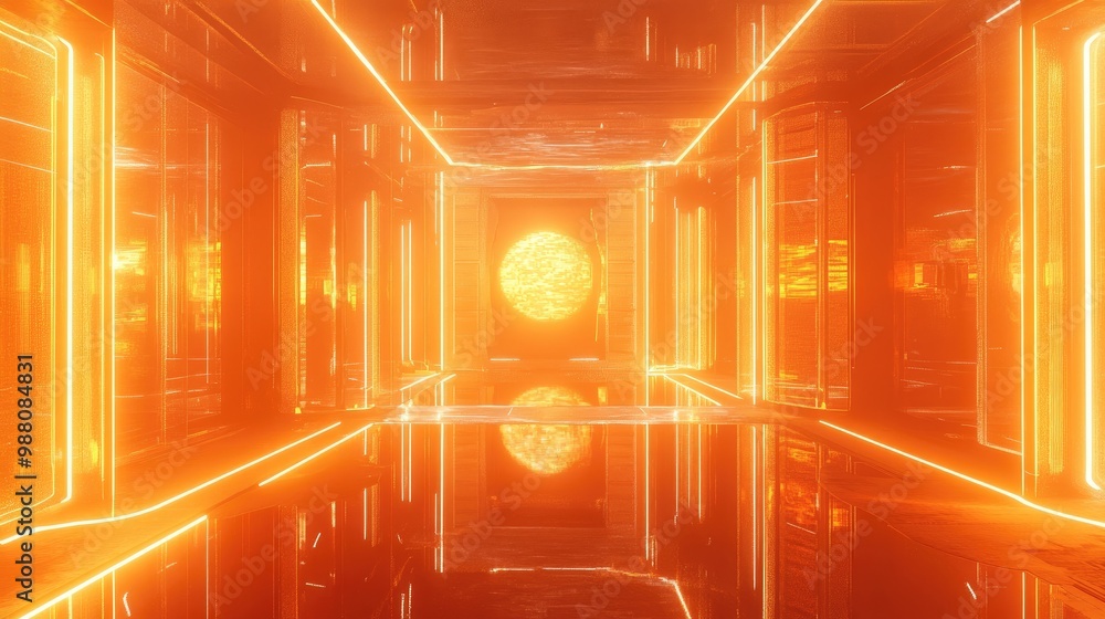 Poster 3d-rendered futuristic room bathed in orange neon lights, with abstract patterns and shapes adding d