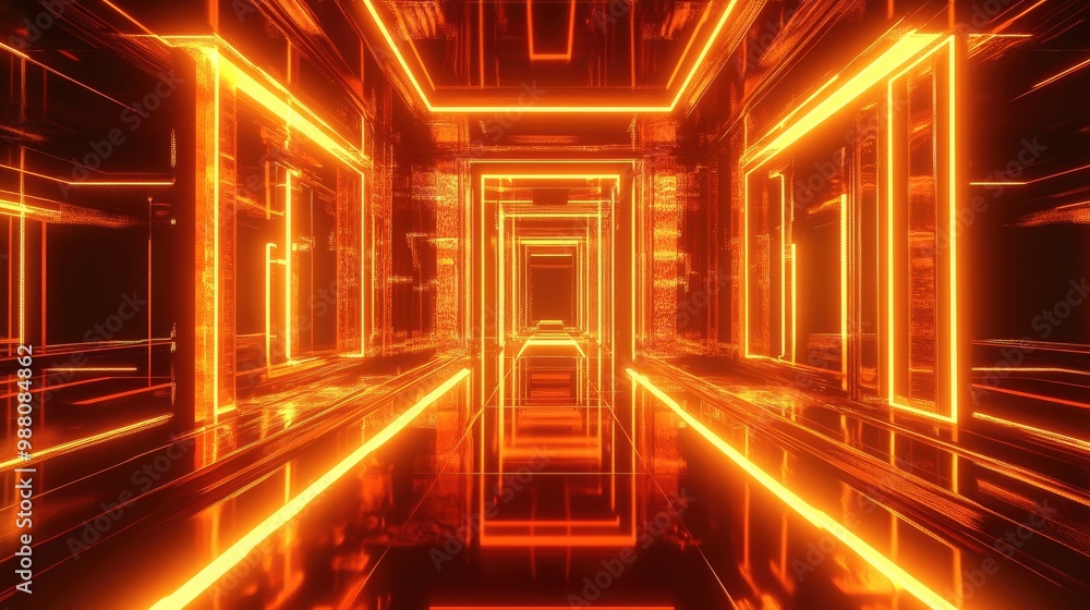 Poster a 3d room illuminated by orange neon lights, casting dynamic abstract shapes and patterns that creat