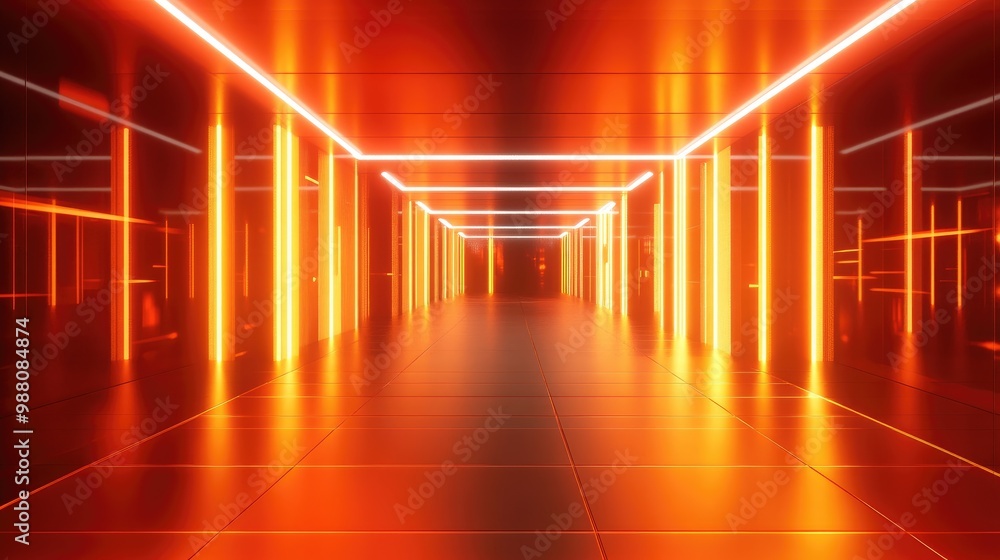 Poster a 3d room illuminated by orange neon lights, casting dynamic abstract shapes and patterns that creat