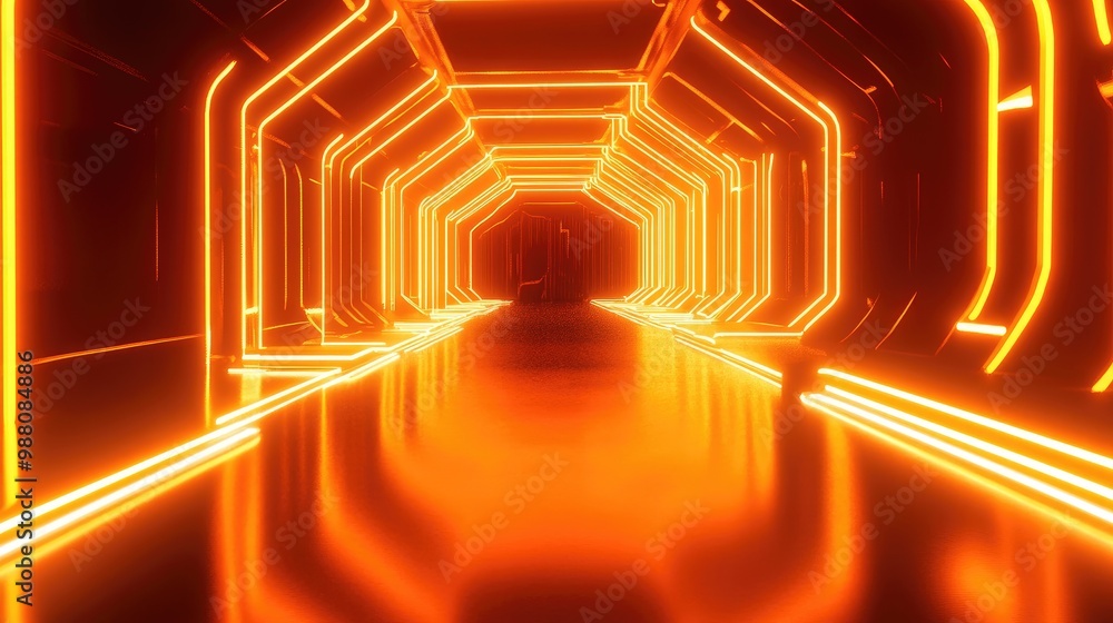 Poster a 3d room illuminated by orange neon lights, casting dynamic abstract shapes and patterns that creat
