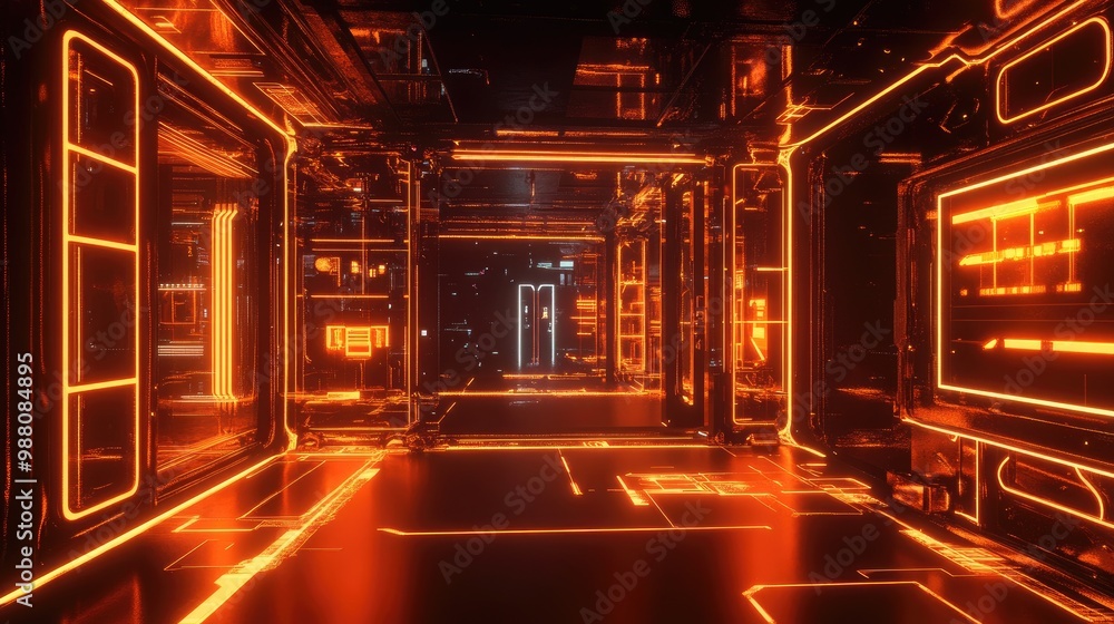 Poster a 3d room illuminated by orange neon lights, casting dynamic abstract shapes and patterns that creat