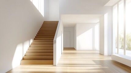 Obraz premium Modern Minimalist Interior with Wooden Staircase