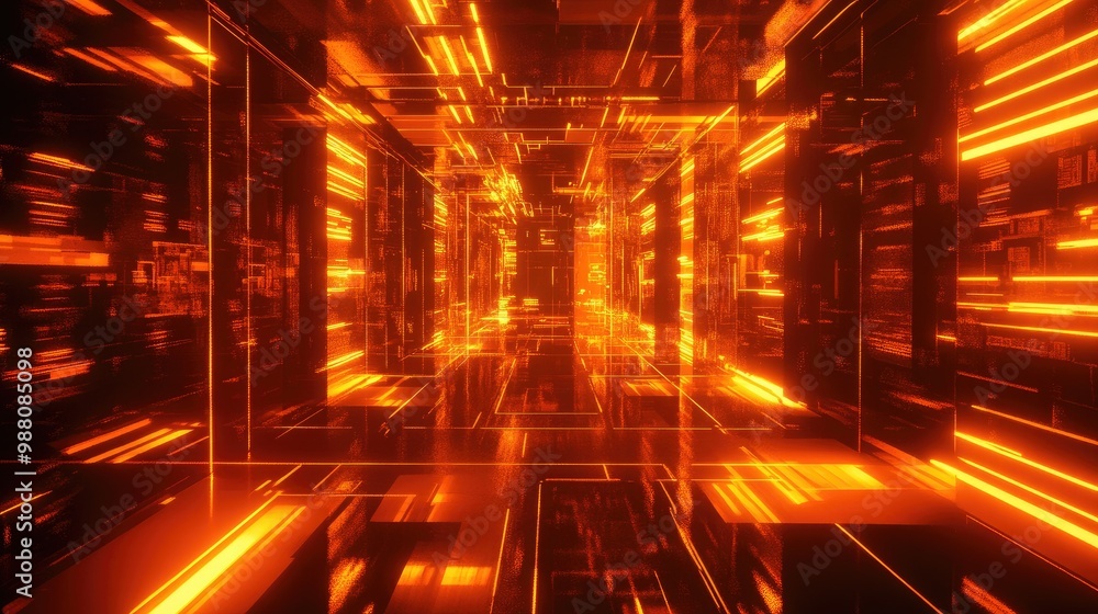 Poster futuristic 3d-rendered room bathed in orange neon lights, forming abstract shapes and patterns that 