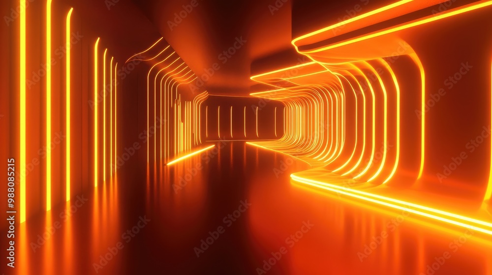 Poster stunning 3d-rendered room with glowing orange neon lights casting abstract shapes, creating depth an