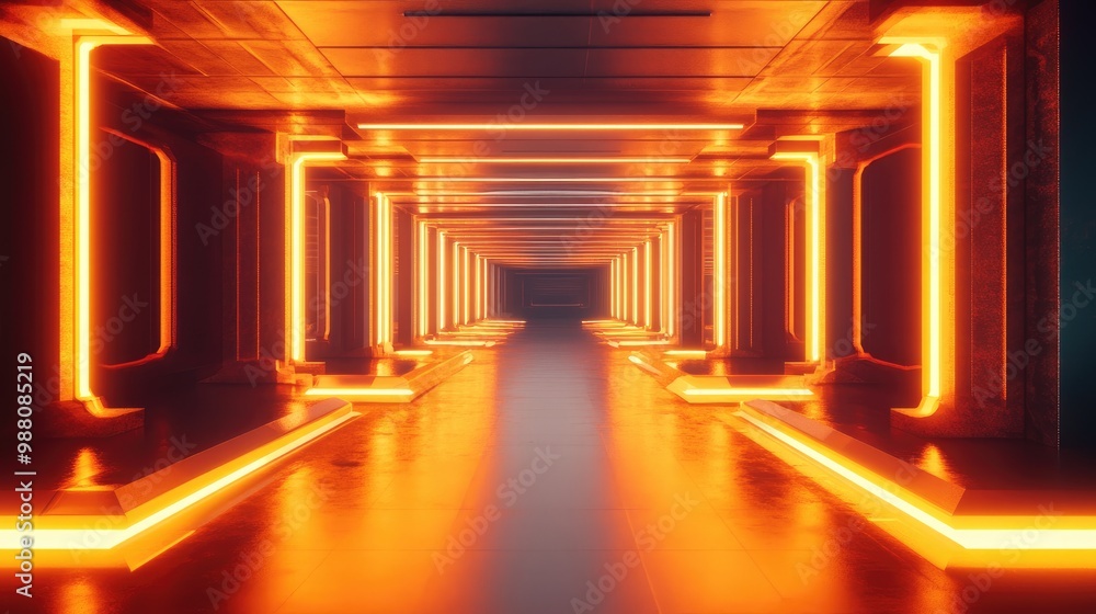 Poster stunning 3d-rendered room with glowing orange neon lights casting abstract shapes, creating depth an