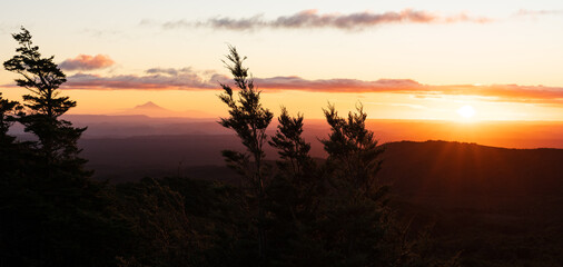 View of Mount Taranaki from Mount Ruapehu at sunset