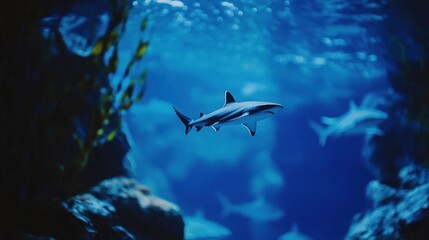 Fototapeta premium A serene underwater scene featuring a shark swimming among aquatic plants and other fish.
