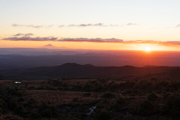 View of Mount Taranaki from Mount Ruapehu at sunset