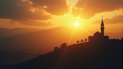 Fototapeta premium Three wise men on camel at Bethlehem at Dawn, The city of Bethlehem with the light of dawn breaking over the horizon, and the stable in the distance. Soft morning sky with copy space for text.