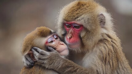 A tender moment between a mother and baby monkey, showcasing their bond and affection.