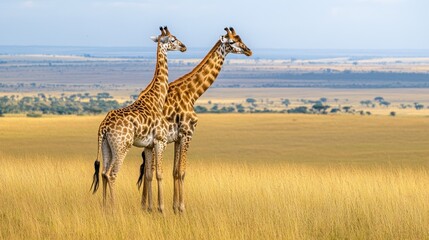 Fototapeta premium Two giraffes standing gracefully in a golden grassland under a blue sky.