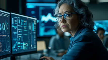 Hispanic Female Senior Data Scientist Reviewing Reports Of Risk Management Department On Big Digital Screen In Monitoring Room. Diverse Consulting Company Employees Working Behind Desktop Computers. -