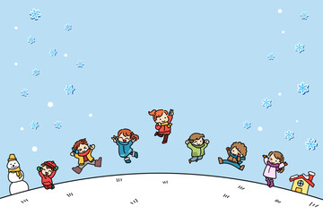 子供　ジャンプ　冬　雪　コピーフレーム