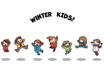 子供　ジャンプ　冬　雪