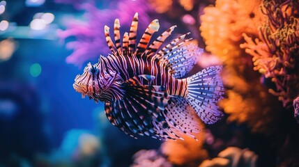 A vibrant lionfish swims gracefully among colorful coral in a marine environment.