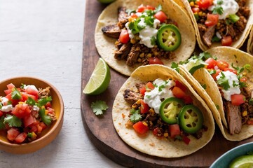 a variety of taco and tacos are served on a wooden tray