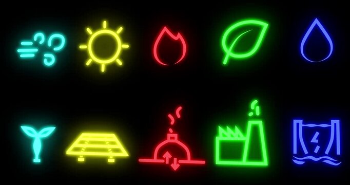 Environment, icons and process with green energy for global sustainability, life cycle and eco friendly of animation chain. Nature, illustration and renewable information, resources value and climate