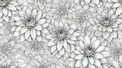 Obraz premium Black and white dahlia flowers in a seamless, hand-drawn pattern.