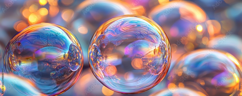 Poster colorful bubbles with soft bokeh background