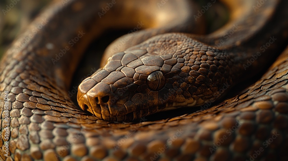 Poster a close-up of a brown snake showcasing its textured scales and intricate patterns.