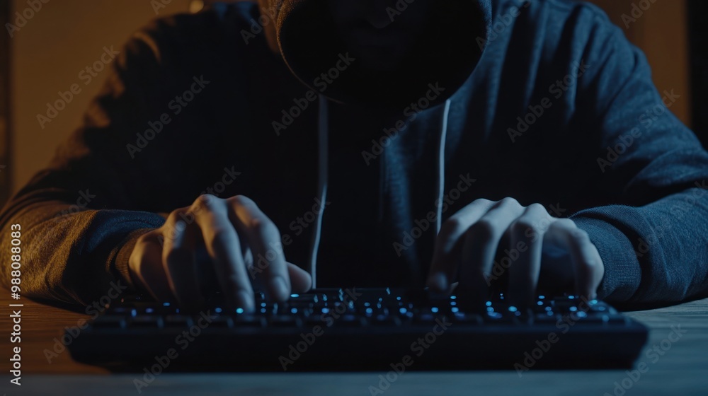 Poster mysterious hacker typing on keyboard