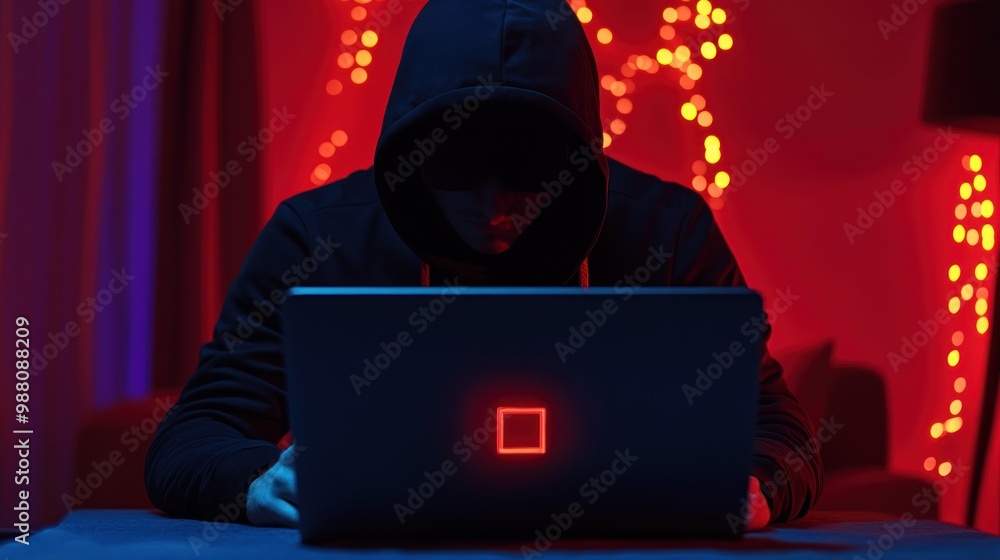 Poster mysterious hacker in a red-lit room