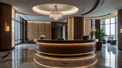 Stylish hotel interior lobby and reception desk, panoramic window.